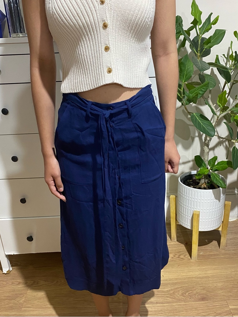 Tahari Navy Button-Front Midi Skirt with Tie Waist